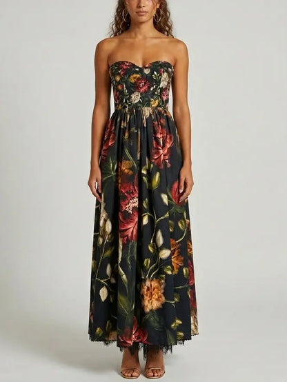 Strapless Fit and Flare Floral Maxi Dress with Lace Hem - Dresses