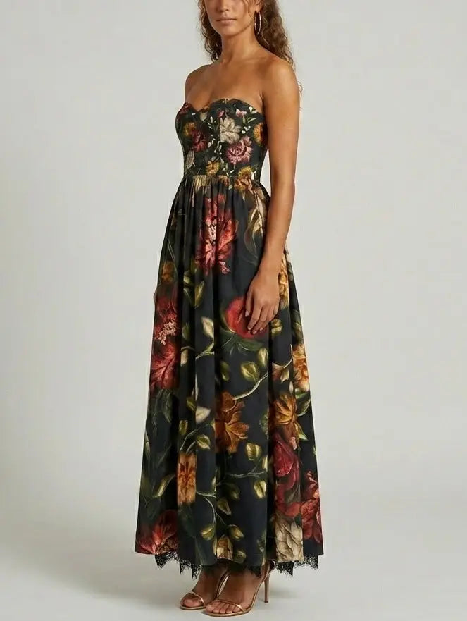 Strapless Fit and Flare Floral Maxi Dress with Lace Hem - Dresses