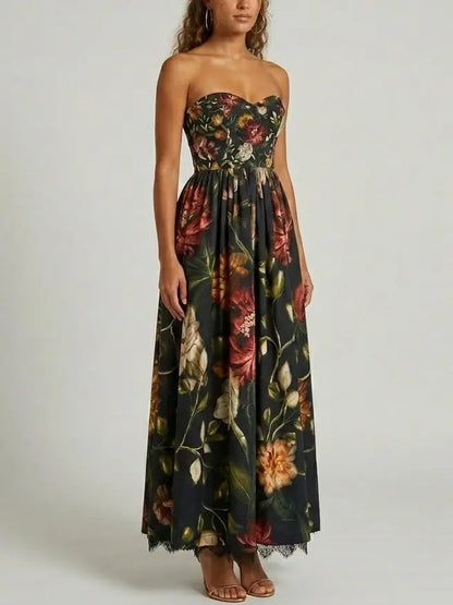 Strapless Fit and Flare Floral Maxi Dress with Lace Hem - Dresses