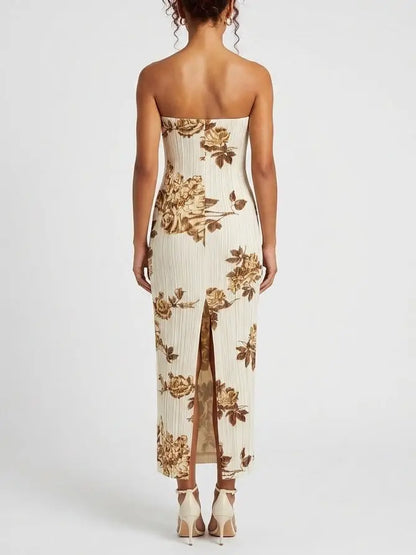 Strapless Floral Plissé Maxi Dress - Dresses