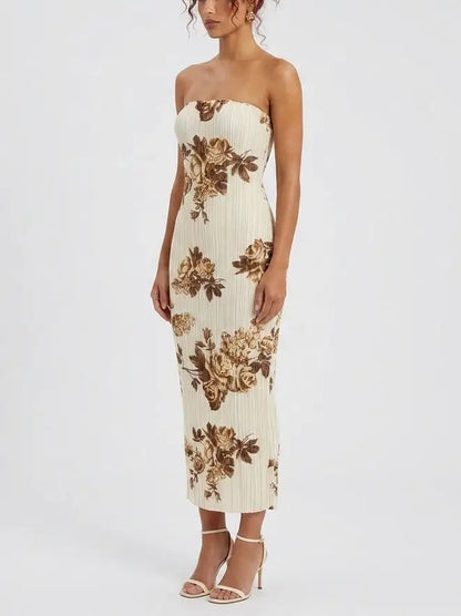 Strapless Floral Plissé Maxi Dress - Dresses