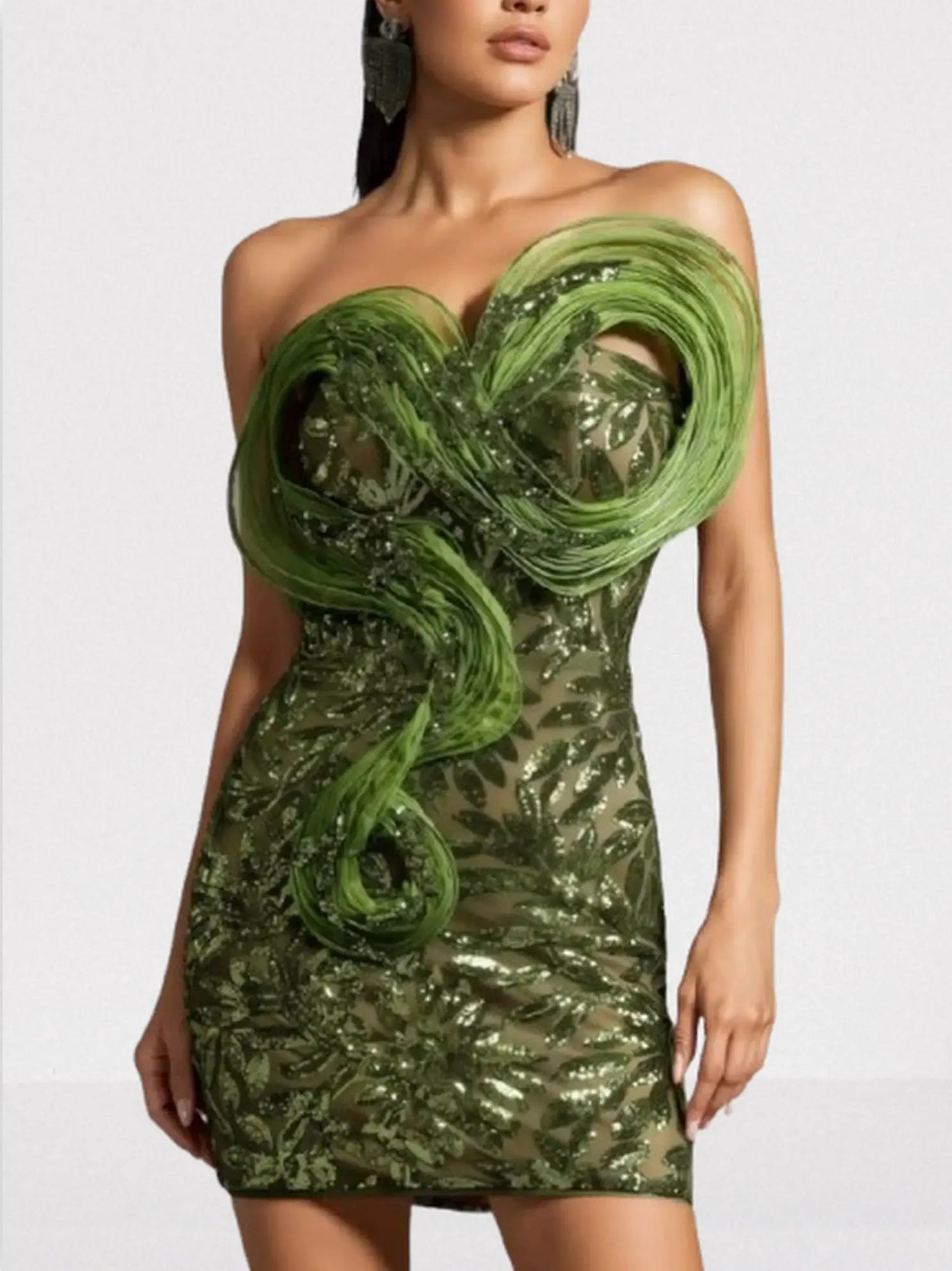 Strapless Green Sequin-Embellished Mini Dress - Dresses