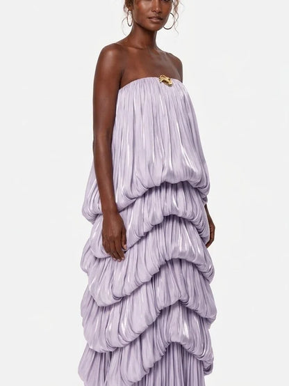 Strapless Lilac Maxi Dress with Draped Tiers - Dresses