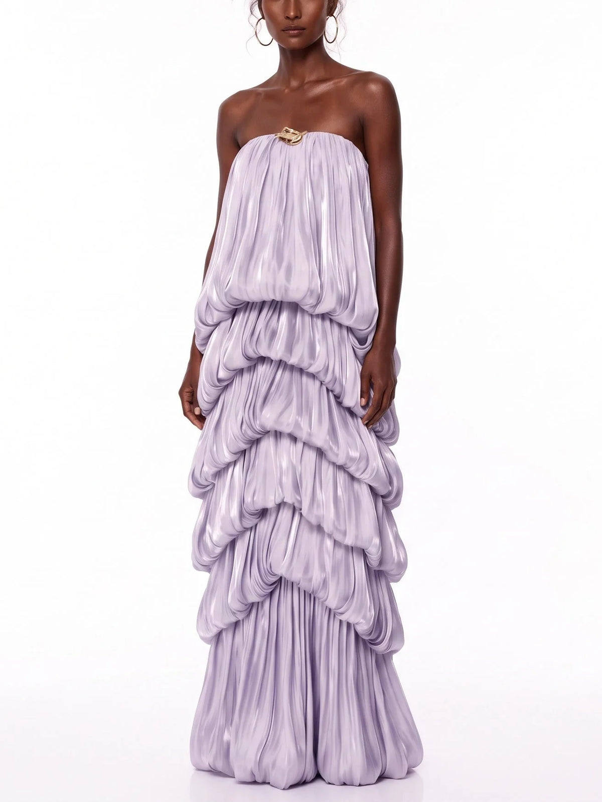 Strapless Lilac Maxi Dress with Draped Tiers - Dresses