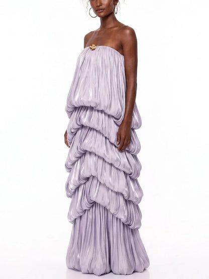 Strapless Lilac Maxi Dress with Draped Tiers - Dresses