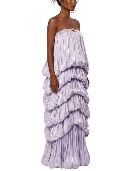 Strapless Lilac Maxi Dress with Draped Tiers - Dresses