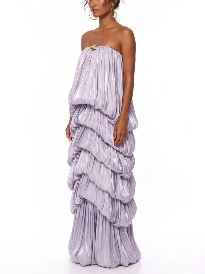 Strapless Lilac Maxi Dress with Draped Tiers - Dresses