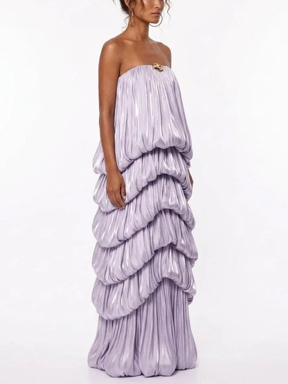 Strapless Lilac Maxi Dress with Draped Tiers - Dresses