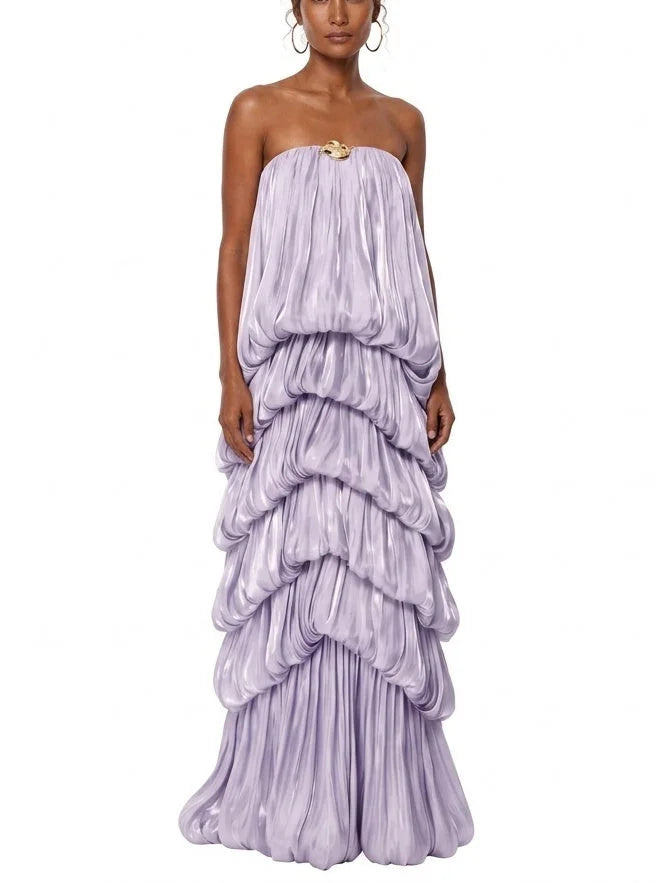 Strapless Lilac Maxi Dress with Draped Tiers - Dresses