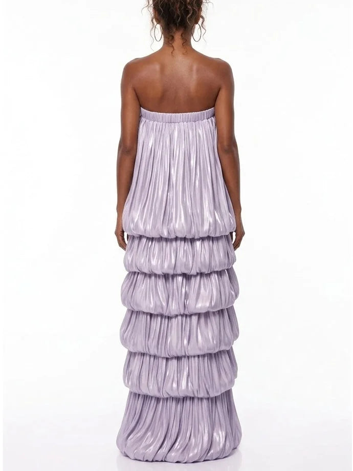Strapless Lilac Maxi Dress with Draped Tiers - Dresses