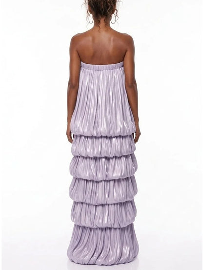 Strapless Lilac Maxi Dress with Draped Tiers - Dresses