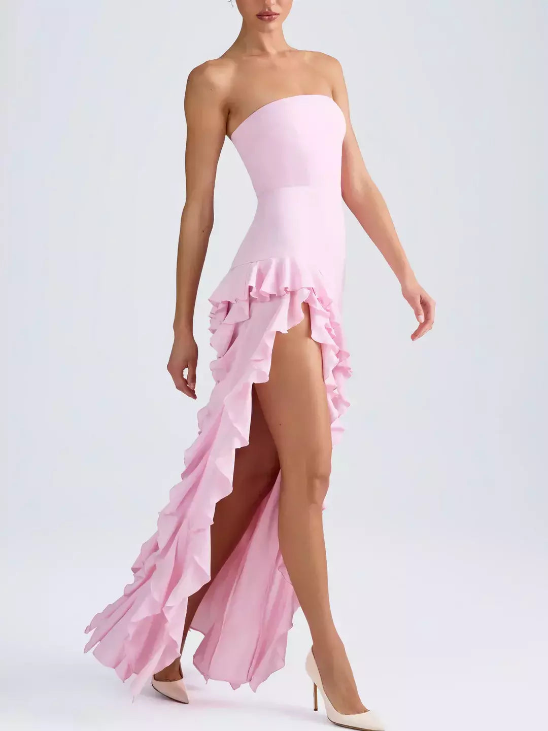 Strapless Long Pink Gown with Ruffled Skirt - Dresses