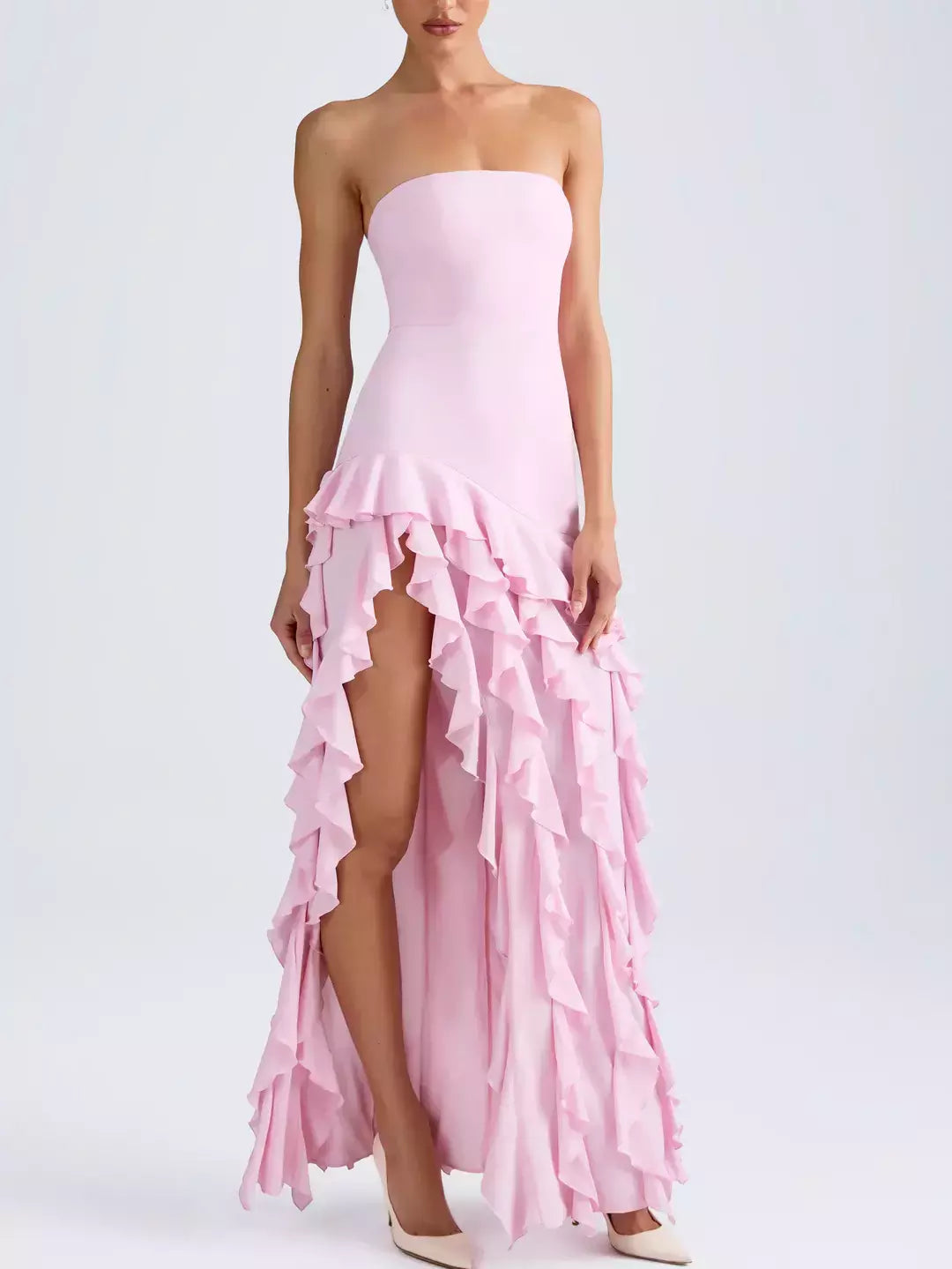 Strapless Long Pink Gown with Ruffled Skirt - Dresses