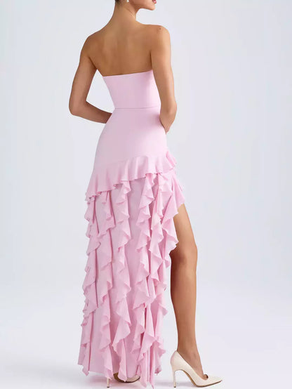 Strapless Long Pink Gown with Ruffled Skirt - Dresses