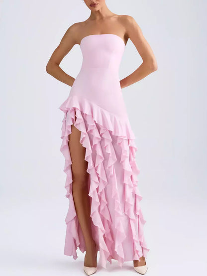 Strapless Long Pink Gown with Ruffled Skirt - Dresses