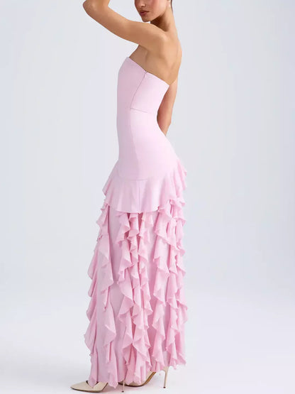 Strapless Long Pink Gown with Ruffled Skirt - Dresses