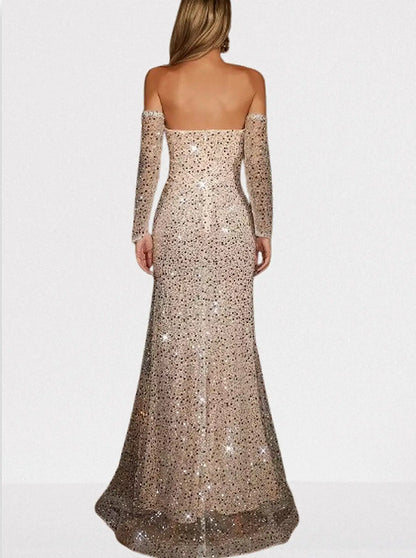 Strapless Nude Sequin & Pearl Embellished Gown - Dresses