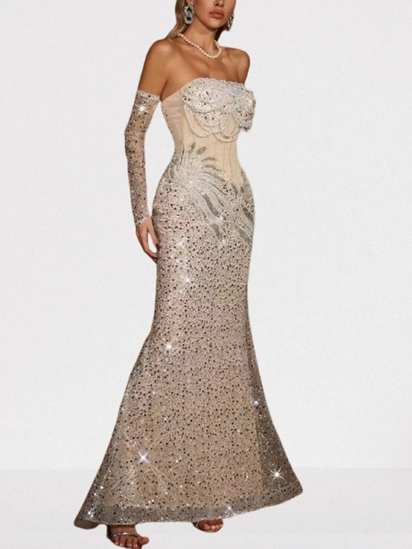 Strapless Nude Sequin & Pearl Embellished Gown - Dresses