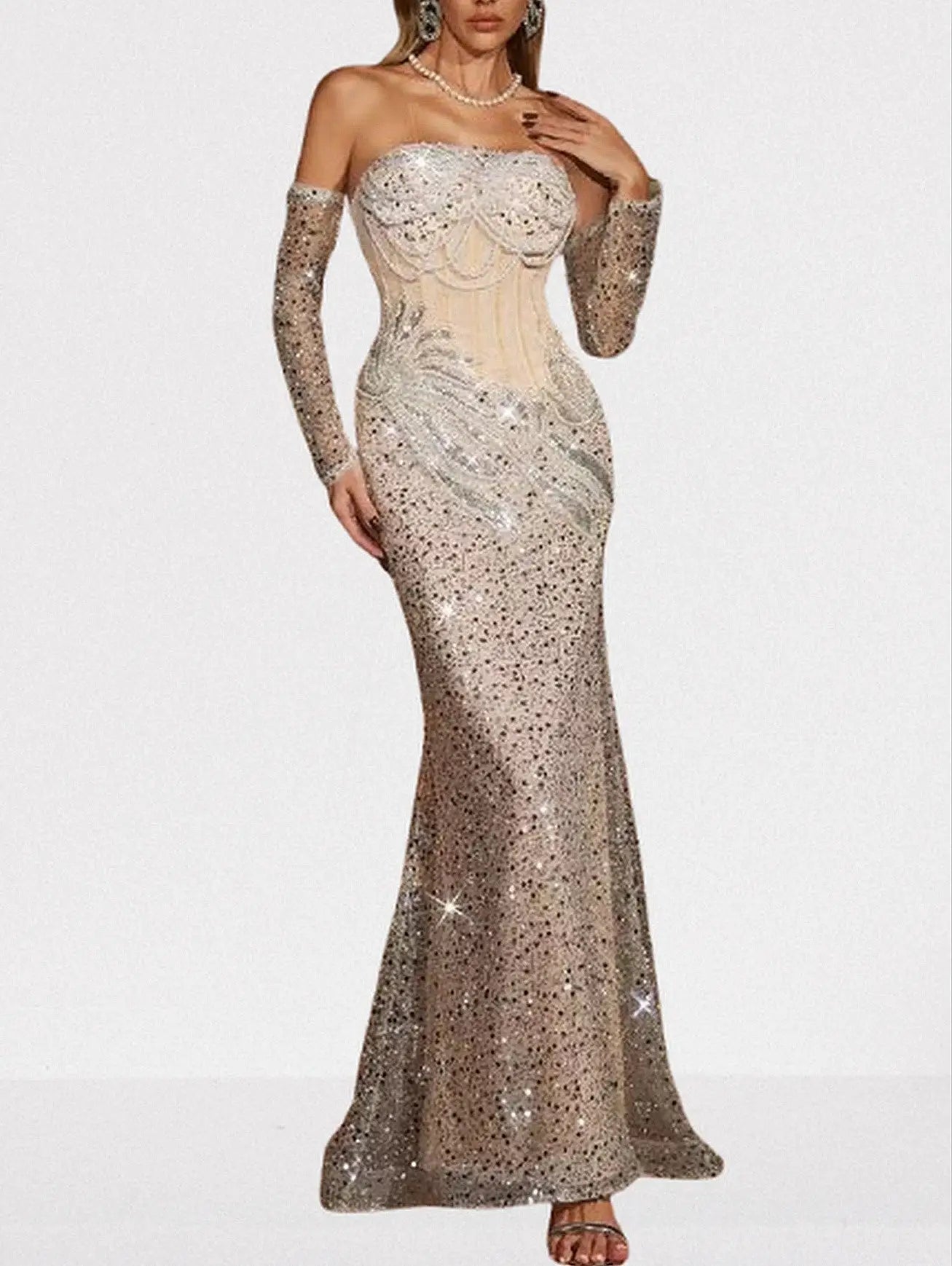Strapless Nude Sequin & Pearl Embellished Gown - Dresses