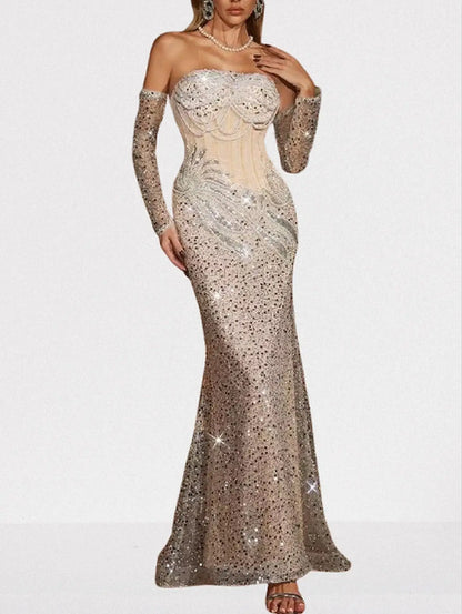 Strapless Nude Sequin & Pearl Embellished Gown - Dresses