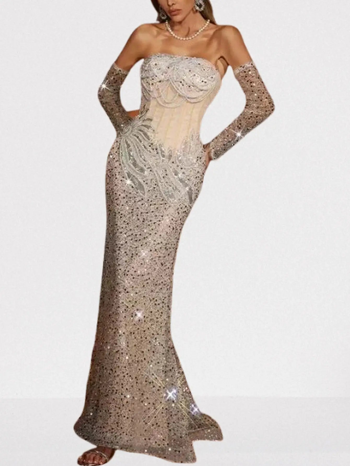 Strapless Nude Sequin & Pearl Embellished Gown - Dresses