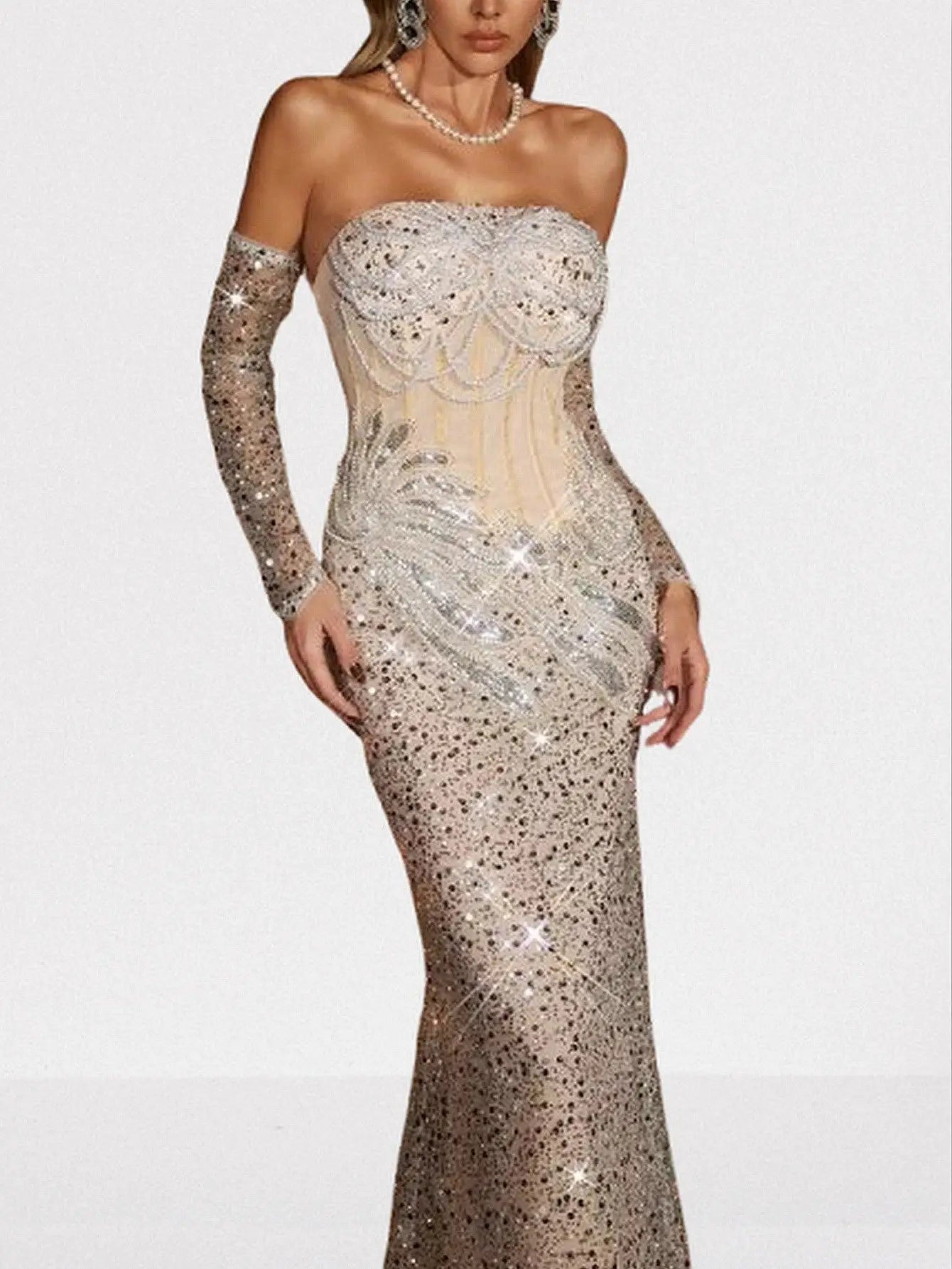 Strapless Nude Sequin & Pearl Embellished Gown - Dresses