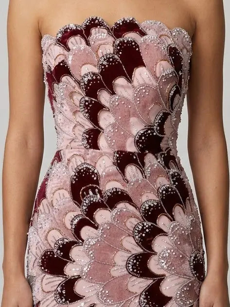 Strapless Petal-Embellished Beaded Evening Gown - Dresses