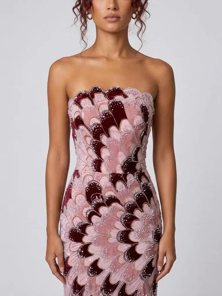 Strapless Petal-Embellished Beaded Evening Gown - Dresses