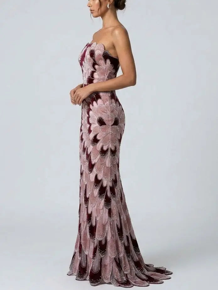 Strapless Petal-Embellished Beaded Evening Gown - Dresses