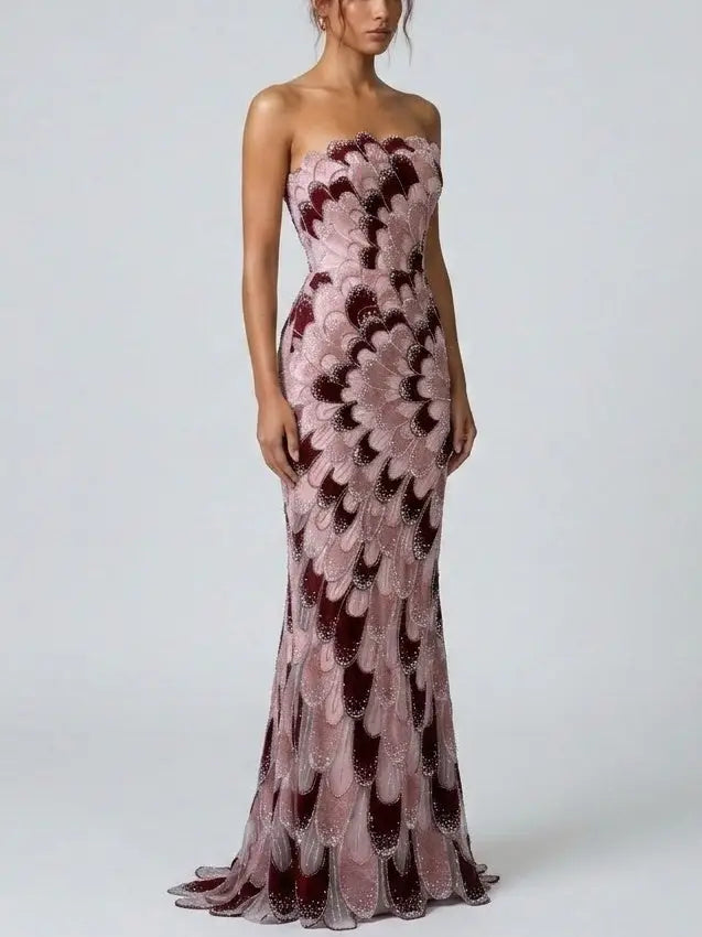 Strapless Petal-Embellished Beaded Evening Gown - Dresses
