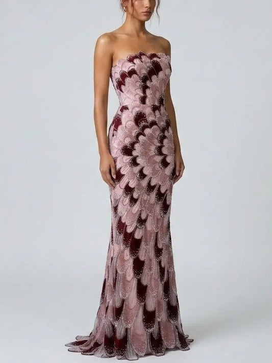 Strapless Petal-Embellished Beaded Evening Gown - Dresses