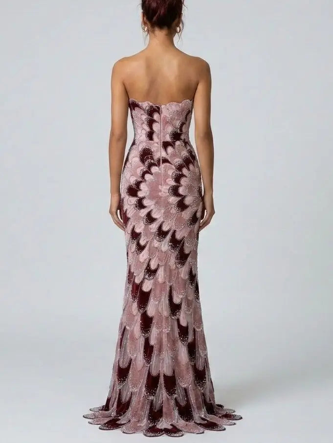Strapless Petal-Embellished Beaded Evening Gown - Dresses