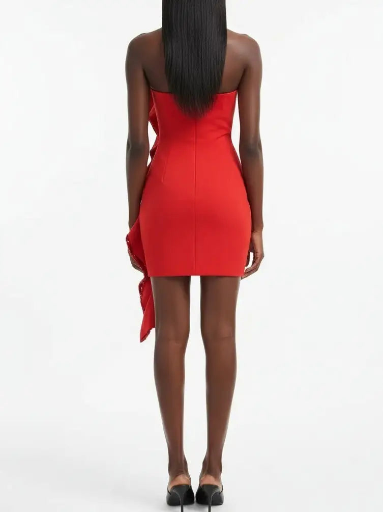 Strapless Red Mini Dress with Sequin Ruffle Cascade - Dresses