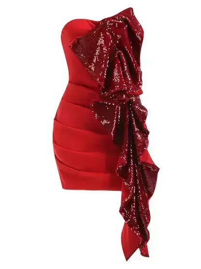 Strapless Red Mini Dress with Sequin Ruffle Cascade - Dresses