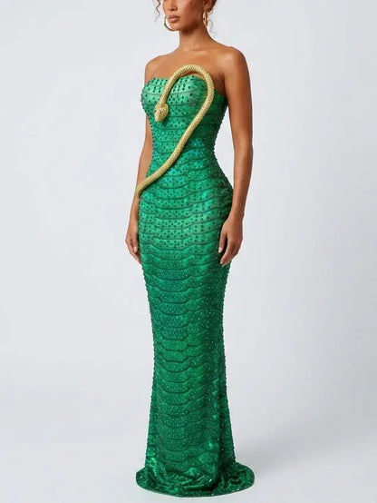 Strapless Rhinestone Maxi Dress with Snake Appliqué - Dresses