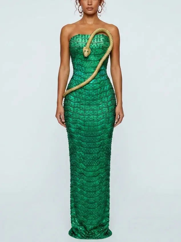 Strapless Rhinestone Maxi Dress with Snake Appliqué - Dresses