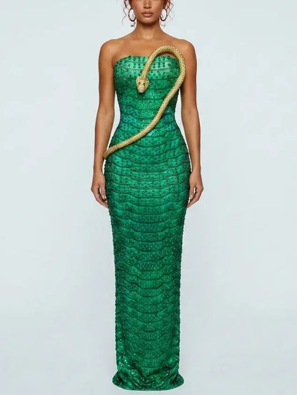 Strapless Rhinestone Maxi Dress with Snake Appliqué - Dresses