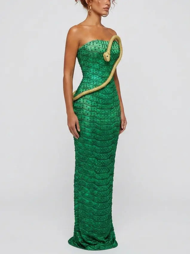 Strapless Rhinestone Maxi Dress with Snake Appliqué - Dresses