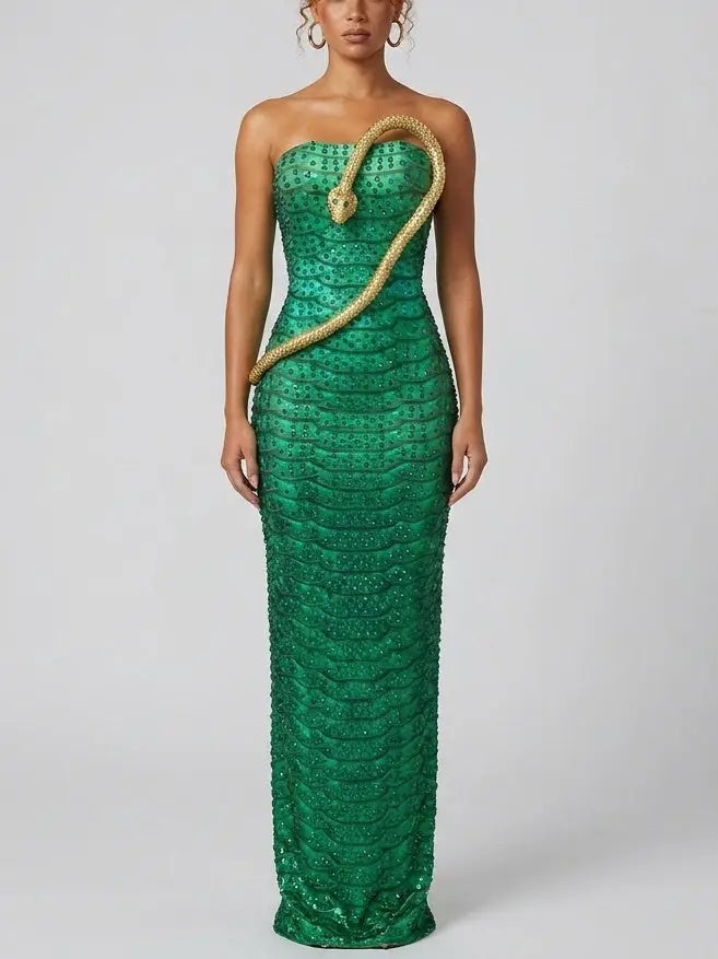 Strapless Rhinestone Maxi Dress with Snake Appliqué - Dresses