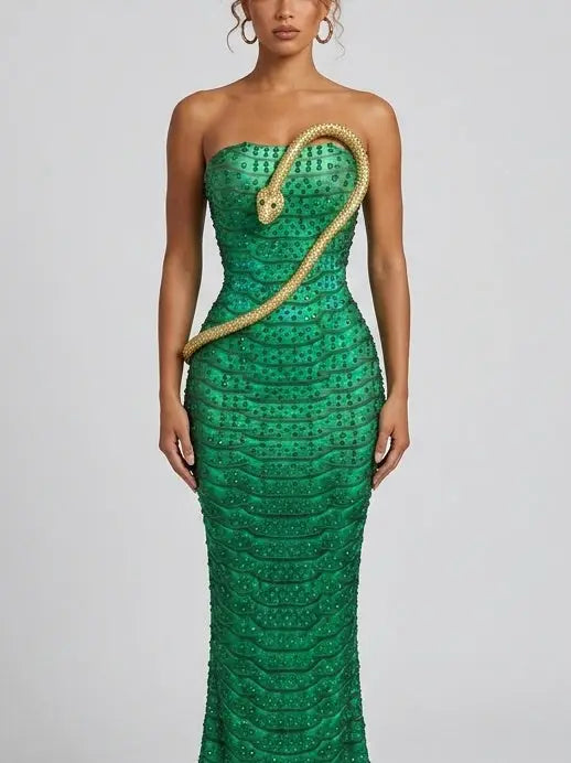 Strapless Rhinestone Maxi Dress with Snake Appliqué - Dresses