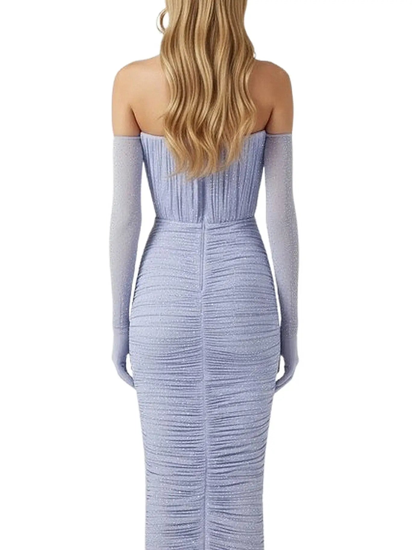 Strapless Rhinestone Ruched Midi Dress with Gloves - Dresses