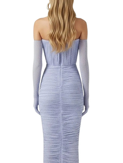 Strapless Rhinestone Ruched Midi Dress with Gloves - Dresses