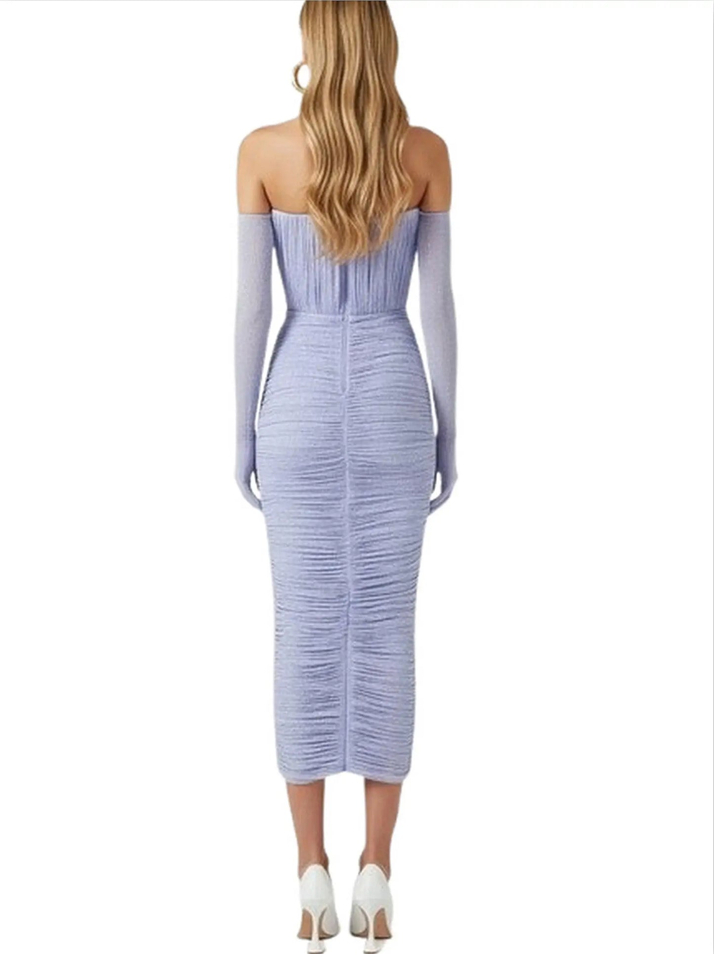 Strapless Rhinestone Ruched Midi Dress with Gloves - Dresses