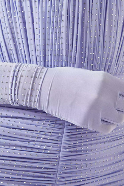 Strapless Rhinestone Ruched Midi Dress with Gloves - Dresses