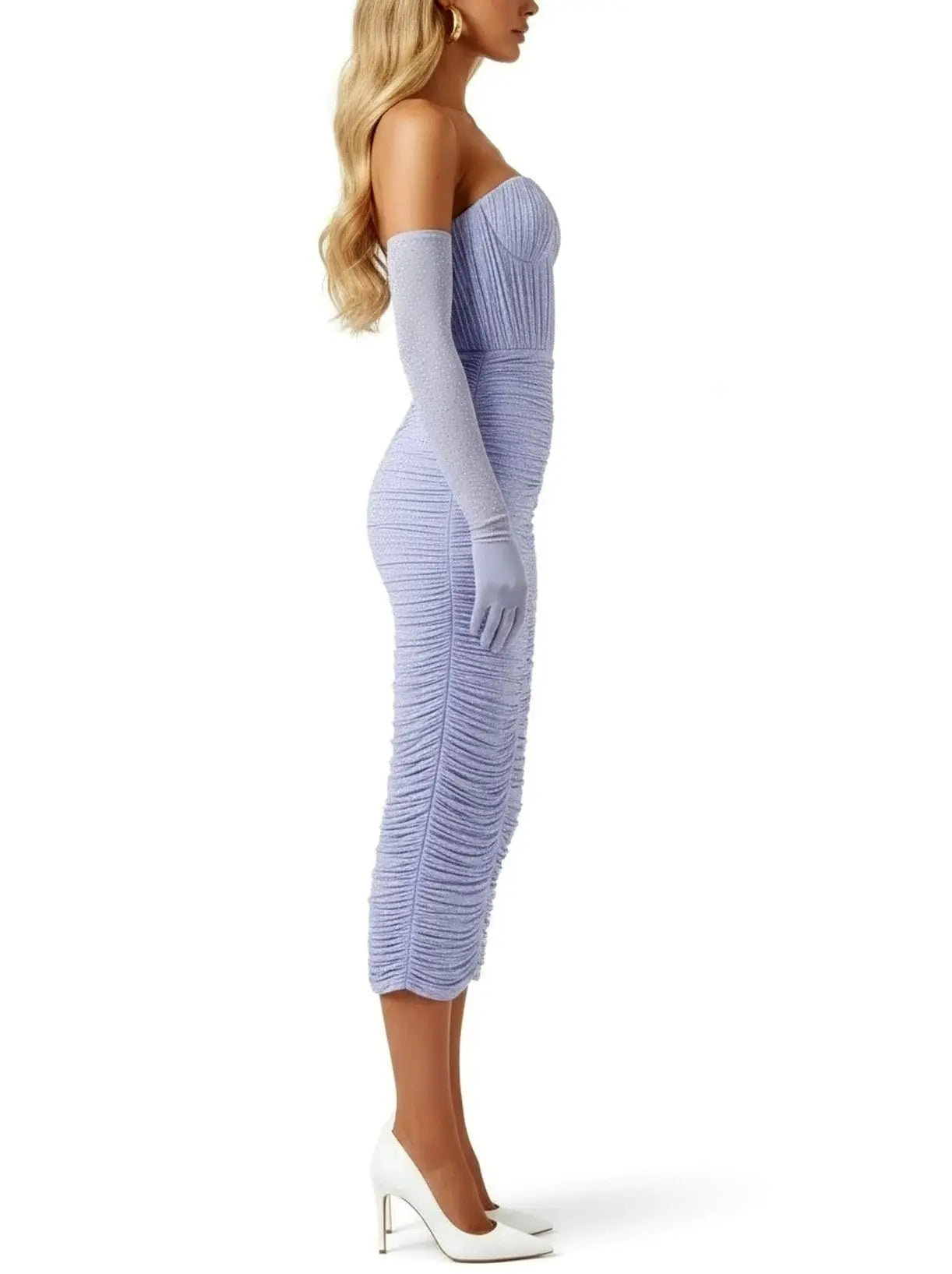 Strapless Rhinestone Ruched Midi Dress with Gloves - Dresses