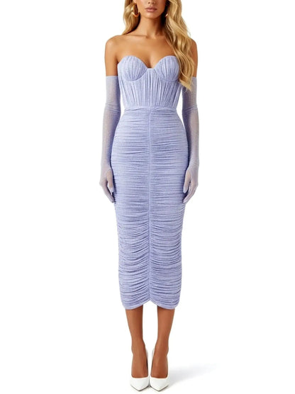 Strapless Rhinestone Ruched Midi Dress with Gloves - Dresses