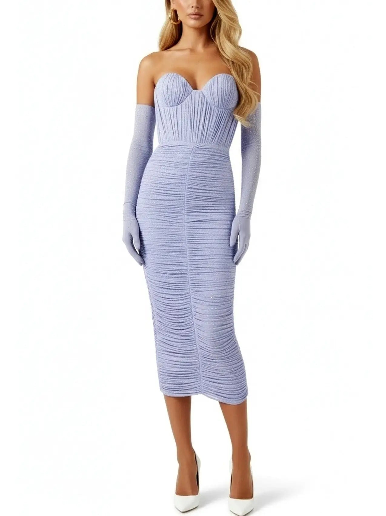 Strapless Rhinestone Ruched Midi Dress with Gloves - Dresses