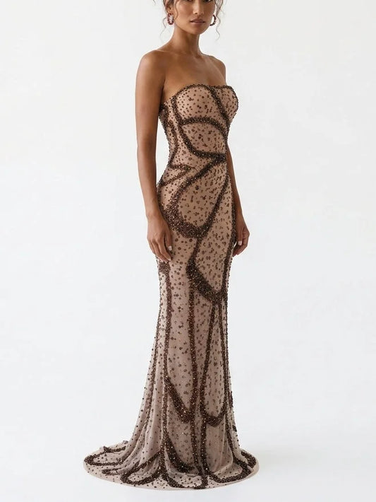 Strapless Rhinestone and Beaded Maxi Dress - Dresses