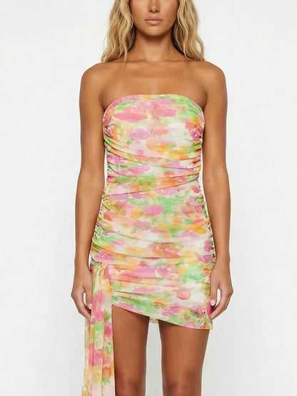 Strapless Ruched Multicolor Mini Dress - Dresses