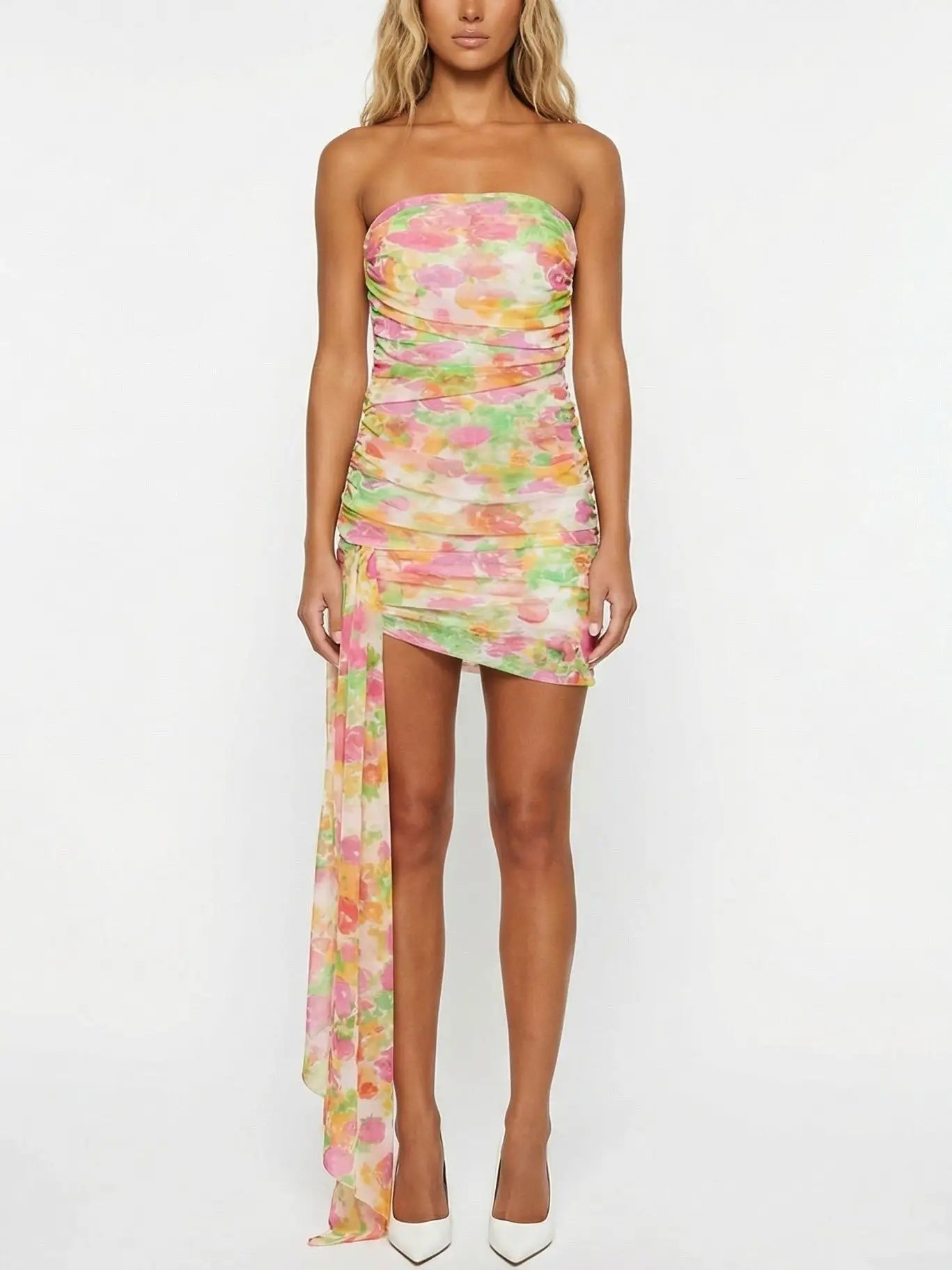 Strapless Ruched Multicolor Mini Dress - Dresses